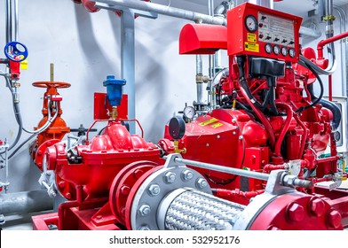 Diesel Generator For Fire Control System Red Piping And Valve