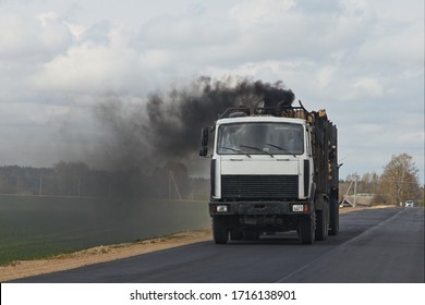 Diesel Truck With Black Smoke From The Exhaust Pipe, Harmful Emissions From Vehicles, Environment Damage