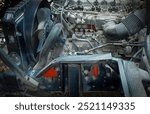 Diesel truck engine or truck engine with copy space for text. Metallic background of the internal diesel truck engine or car engine.