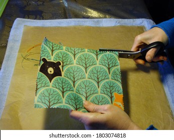 Diest, Belgium - January 12 2020: Cutting beeswax wrap with scissors. Image by Raphaëlla Goyvaerts