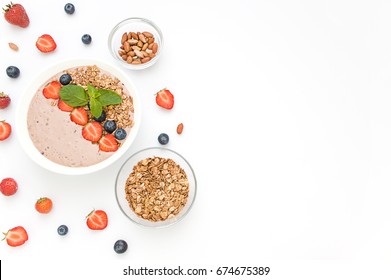 Diet concept frame porridge, nuts, fresh berries. Top view. Copy space
 - Powered by Shutterstock