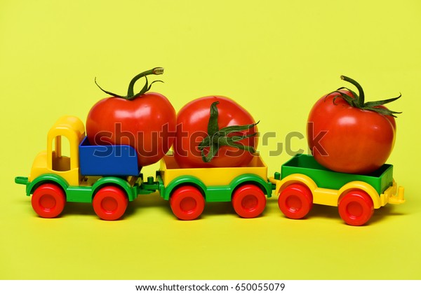 diet concept, fresh\
vegetable red tomatoes in plastic lorry car toy isolated on yellow\
background