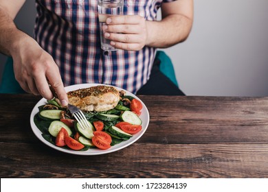 Diet Concept, Healthy Lifestyle, Low Calorie Food. Dieting. Closeup Portrait Of Man Eating Healthy Food