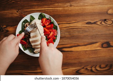 Diet Concept, Healthy Lifestyle, Low Calorie Food, Low Carb Diet. Fat Woman Eating Baked Chicken Breasts With Salad, Close Up