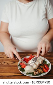 Diet Concept, Healthy Lifestyle, Low Calorie Food, Low Carb Diet. Fat Woman Eating Boiled Chicken Breasts With Salad, Close Up