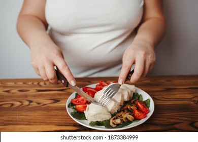 Diet Concept, Healthy Lifestyle, Low Calorie Food, Low Carb Diet. Fat Woman Eating Boiled Chicken Breasts With Salad, Close Up