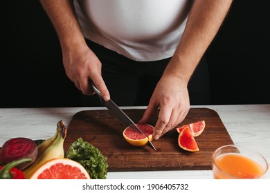 Diet Concept, Healthy Lifestyle, Low Calorie Food. Overweight Woman Cooking Healthy Dinner Of Fresh Juicy Fruits