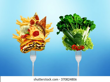 Diet Decision Concept And Nutrition Choices Dilemma Between Healthy Good Fresh Fruit And Vegetables Or Greasy Cholesterol Rich Fast Food.