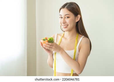 Diet, Dieting Smiling Asian Young Woman, Girl Holding Fresh Green Salad Of Bowl, Mix Vegetable To Eat Food Low Fat For Good Health, Body Slim Fit. Nutritionist Female, Weight Loss, Lose For Healthy.