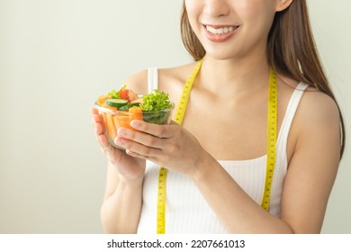 Diet, Dieting Smiling Asian Young Woman, Girl Hand Holding Fresh Salad Of Bowl, Mix Vegetable To Eat Food Low Fat For Good Health, Body Slim Fit. Nutritionist Female, Weight Loss, Lose For Healthy.