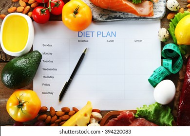 Diet Food And Diet Plan On Wooden Background