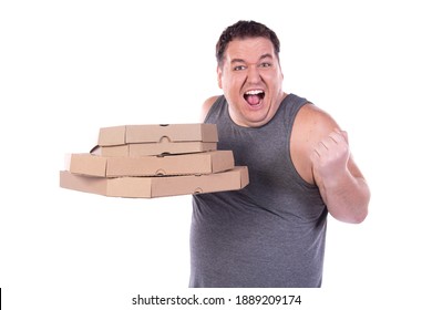 Diet and funny fat man. The fat guy is eating a small pizza. White background.