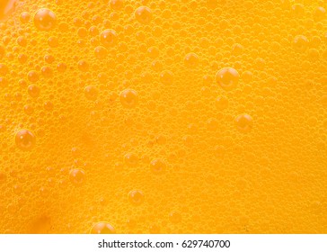 Diet Healthy Nutrition. Fresh Yellow Fruits Juice Background Texture. Orange Water Bubbles. Macro Square Format