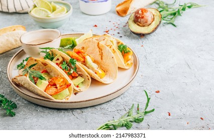 Diet Healthy Tacos With Shrimps And Avocado On Stone Background. Selective Focus