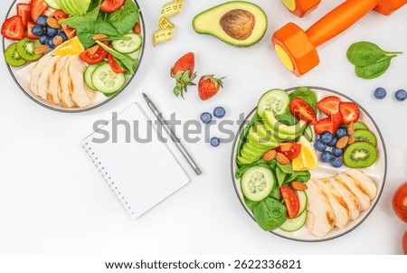 Diet plan, menu or program. healthy food chicken fillet, avocado and salad. Complex of proteins, fats and carbohydrates on white background. top view