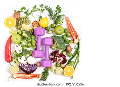 Diet, Sports And Healthy Eating. Diet And Meal Planning. Flat Lay On Menu With Vegetables And Fruits