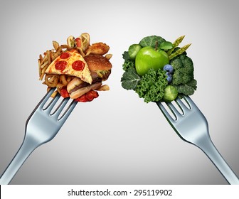 Diet struggle and decision concept and nutrition choices dilemma between healthy good fresh fruit and vegetables or cholesterol rich fast food with two dinner forks competing to decide what to eat. 