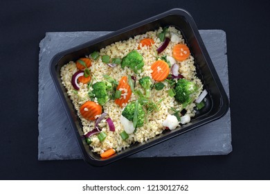 Dietary Catering, Rice With Vegetables Packed In A Box.