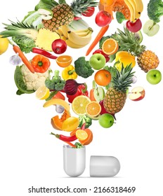 Dietary supplements. Capsule and different fresh vegetables and fruits flying on white background