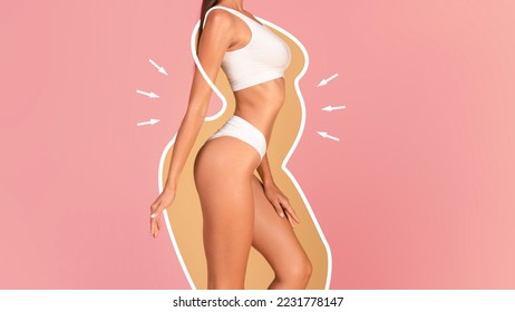 Dieting Concept. Slim Female In Underwear With Drawn Silhouette Around Her Body Standing Over Pink Background, Young Woman With Fit Figure Enjoying Weightloss Result, Collage, Panorama
