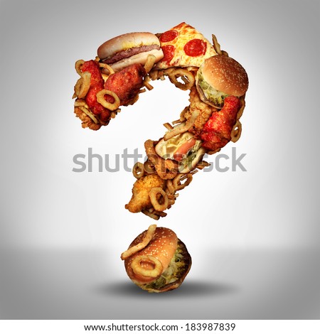 Dieting questions concept and diet worries with greasy fried fast food take out as burgers and hot dogs with fried chicken french fries and pizza shaped as a question mark for eating uncertainty.