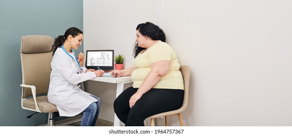 Dietitian Consultation. Woman Visits Nutritionist For Treatment Obesity