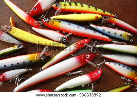 diferents fishing wobbler on wood background Stock photo © 