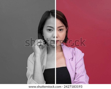 Difference between grayscale and full color photos. Split image comparison of desaturated image on the left and normal vibrant saturation on the right.