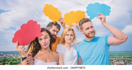 Difference between men and women. Thoughts of different sex. Bearded man and girl with speech bubbles. Diversity concept. Diversity issues. Having own opinion. Diversity interests and thoughts.