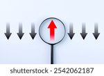 Difference concept. Business disruption, Single red upward arrow is view through magnifying glass among black downward arrow. differ thinking, find differences, differences people, opposite direction,