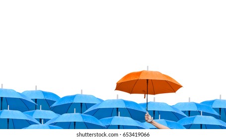 The difference to step up to leadership in business. hand holding a orange umbrella over blue umbrellas. raining. side view. isolated on white background
