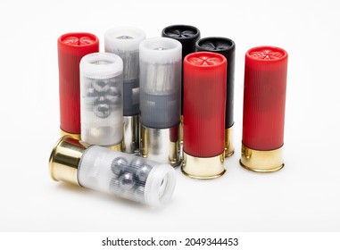 Difference type of shotgun shell bullets on white background
