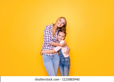 Different Age Cute Niece Feelings Relatives Youth Generation Concept. Portrait Of Sweet Lovely Joyful Beautiful Girl With Pigtails Denim Outfit Hugging Pretty Aunt Isolated On Bright Vivid Background