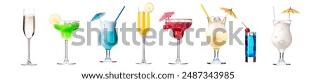 Different alcohol cocktails like beer, martini, soda, champagne, whiskey isolated on white background