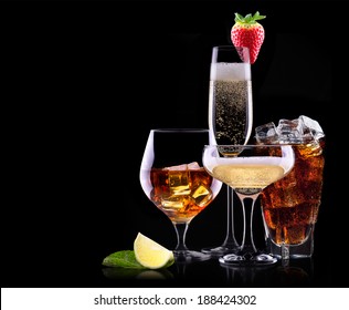 Different Alcohol Drinks Set  - Beer, Wine, Cocktail, Juice, Champagne, Scotch, Soda