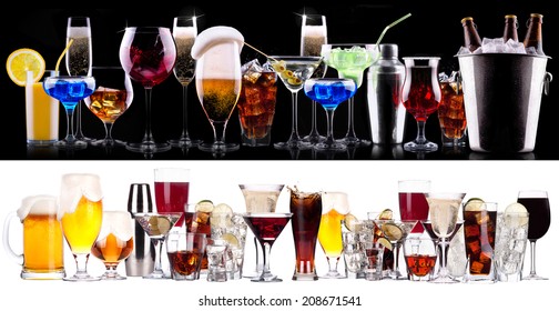 Different Alcohol Drinks Set  - Beer, Wine, Cocktail, Juice, Champagne, Scotch, Soda