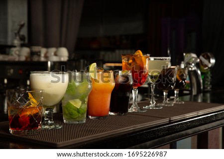 different alcohol drinks set - beer, wine, cocktail,juice, champagne, scotch, soda