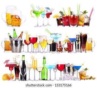 different  alcohol drinks set isolated- beer, martini, cola, scotch, champagne, wine, juice