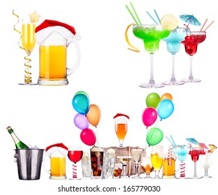 different  alcohol drinks set isolated- beer, martini, cola, scotch, champagne, wine, juice