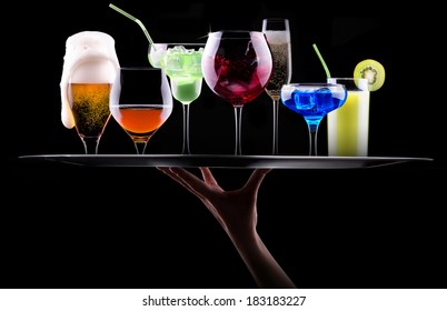 Different Alcohol Drinks Set On A Tray  - Beer, Wine, Cocktail,juice, Champagne, Scotch, Soda