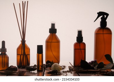 Different Amber Brown Containers For Use In Aromatherapy, Spray, Diffuser, Roll On, Dropper.