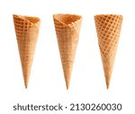 different angle of empty waffle ice cream cone isolated on white background