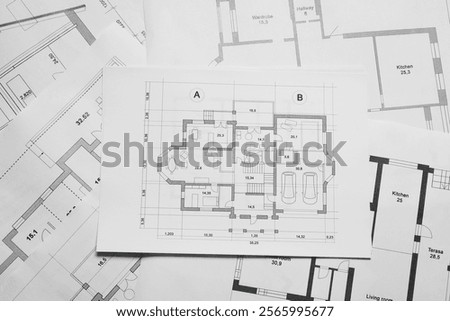 Different architectural drawings as background, top view