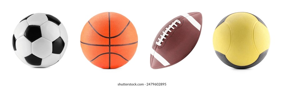 Different balls isolated on white, set. Sport equipment