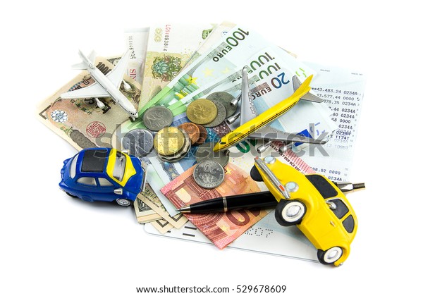 different bank notes\
with car and\
aeroplane