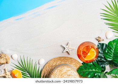 Different beach accessories, palm leaves, seashells and glass of aperol cocktail on sand, top view, flat lay. Space for text - Powered by Shutterstock