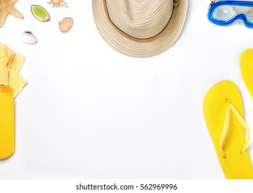Different Beach Items On White Background, Vacation And Travel Items, Top View
