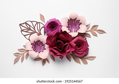 Different beautiful flowers and branches made of paper on white background, top view
