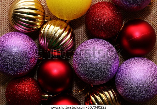 Different Beautiful Unusual Christmas Decorations On Stock Photo