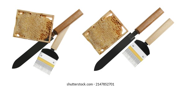 Different beekeeping tools and hive frames with honeycombs on white background, top view. Banner design